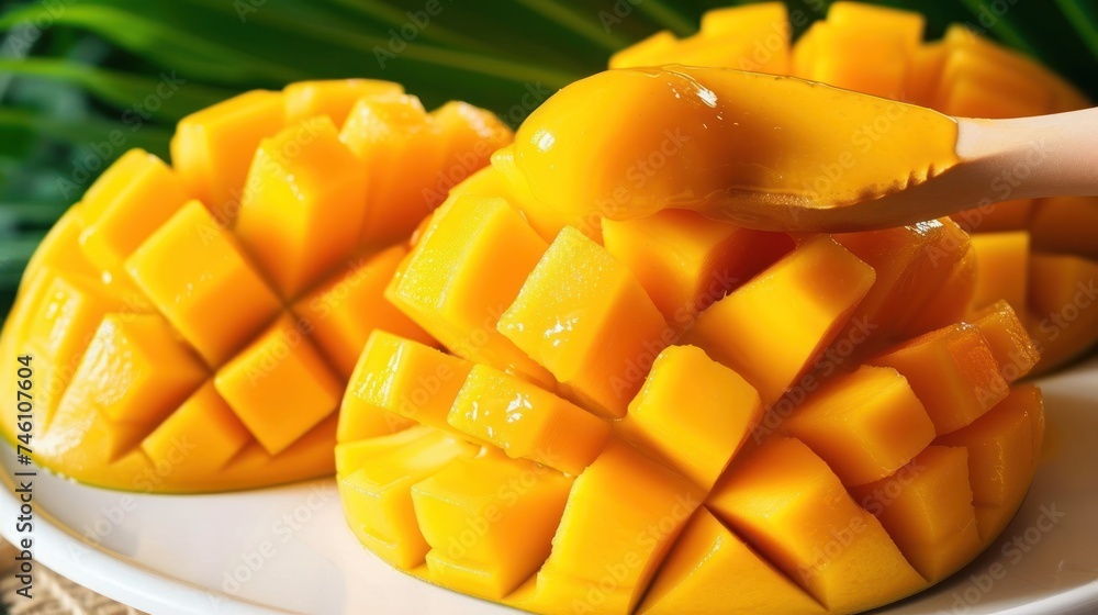 a white plate topped with sliced mangos on top of a green leafy table cloth and a wooden spoon.