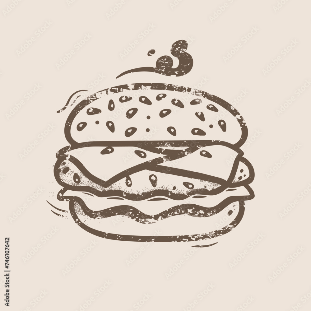 burger grunge stamp logo. Fast food emblem in a rubber stamp style