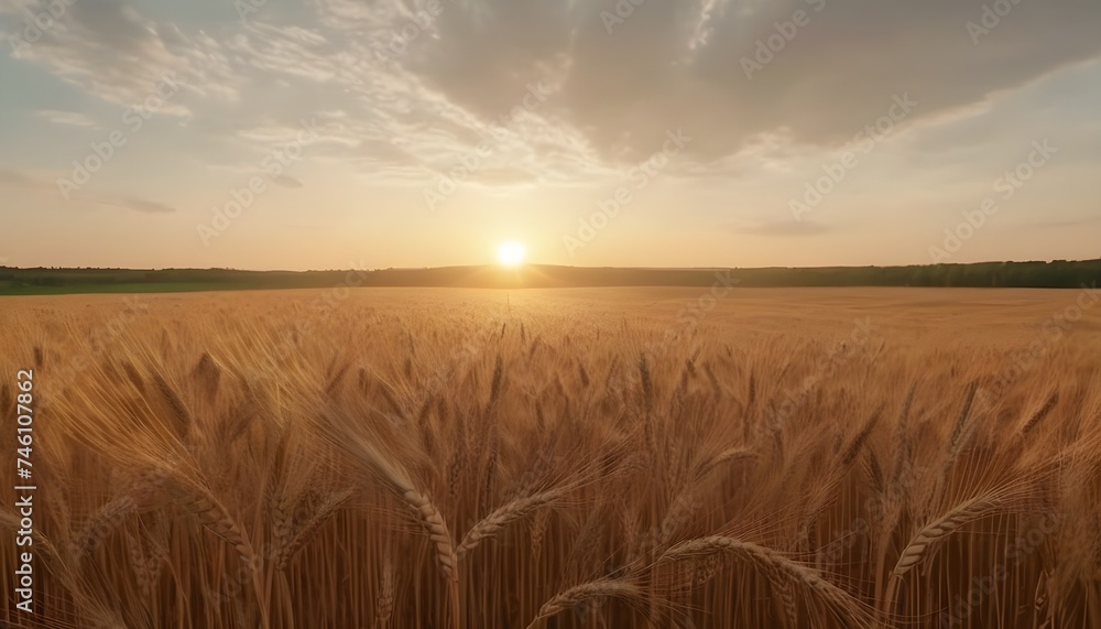 Sunset on a wheat field, cloudy sky