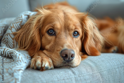 A peaceful image capturing the essence of rest with a sleeping dog under a comfortable knitted blanket, invoking feelings of warmth and comfort