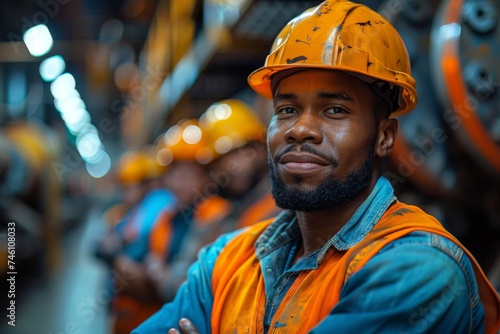 Confident worker in protective gear poses with arms crossed in an industrial setting