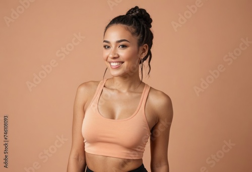 A sporty woman in a gym top smiles casually, her high bun hairstyle adds a playful touch. Peach backdrop is soft and warm.