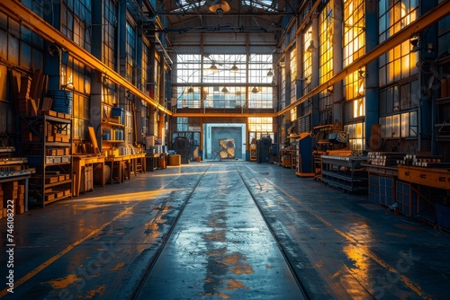 An expansive industrial warehouse bathed in warm sunset light, highlighting detailed machinery and tools