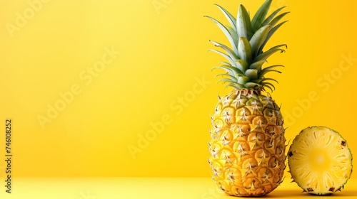 a pineapple cut in half sitting next to a half of a pineapple on a yellow and yellow background.
