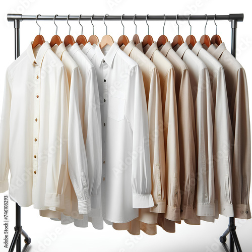 Clean clothes white and beige men's shirts on hangers after dry-cleaning or for sale in the shop on white background © Oleksiy