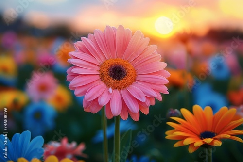 A single pink daisy stands out among a field of multicolored flowers at sunset