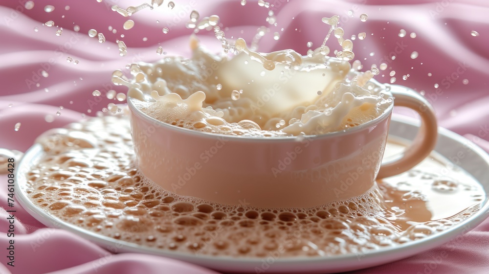 a cup of coffee with milk splashing out of it on a saucer on a pink satin tablecloth. a cup of coffee with milk splashing out of it on a saucer on a pink satin tablecloth.