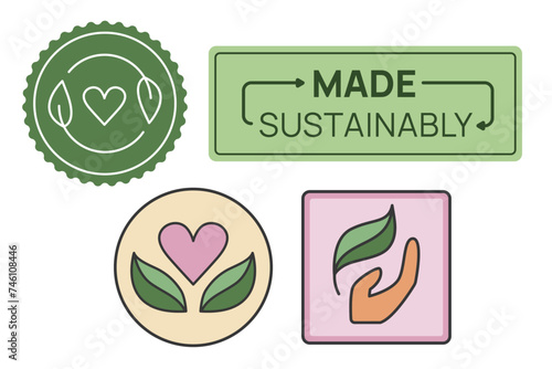Made sustainably icon and badge set. Eco friendly, environmentally sustainable, vector graphic logos and labels.