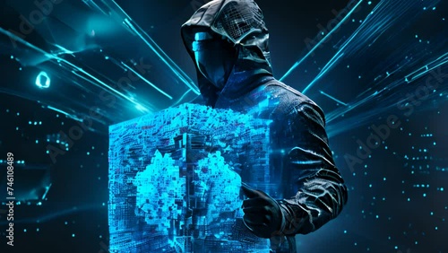 Anonymous computer hacker over abstract digital video footage. Obscured dark face in mask and hood. Data thief, internet attack, darknet fraud, dangerous viruses and cyber security