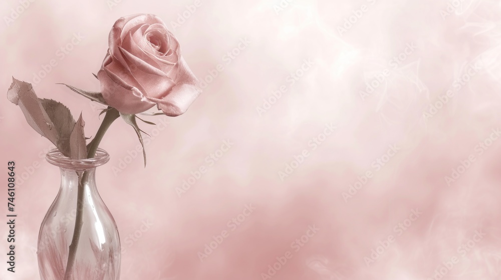 Fototapeta premium a single pink rose in a clear glass vase on a pink and white background with a swirly smoke pattern.