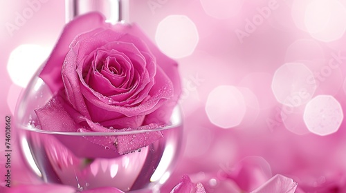 a close up of a pink rose in a glass vase with water on a pink and white boke background. photo