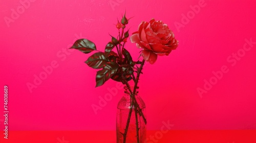 a red rose in a clear vase against a bright pink background with a single stem sticking out of the top of the vase. photo