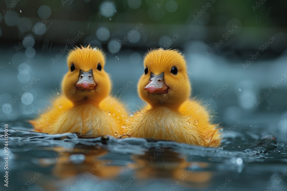 A cute, fluffy duckling captured bobbing on water droplets with an enigmatic, endearing expression amidst serene water ripples A cute, fluffy duckling captured bobbing on water droplets with an enigmatic, endearing expression amidst serene water ripples