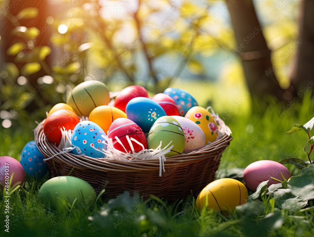 Basket full of colorful Easter eggs on green grass Basket full of colorful Easter eggs on green grass