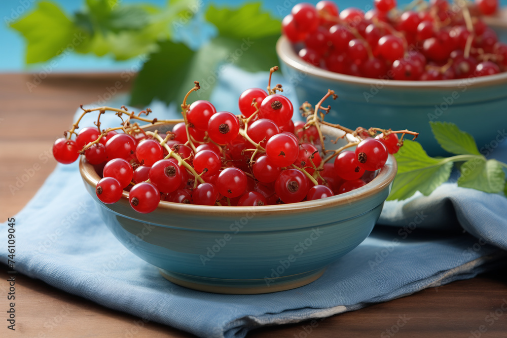 Two bowls of red currants, a seedless fruit, on table. Two bowls of red currants, a seedless fruit, on table.