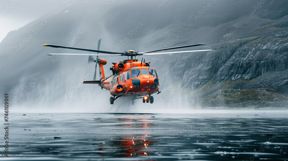 A red rescue helicopter lands or takes off over water in difficult and dangerous conditions.  - obrazy, fototapety, plakaty 