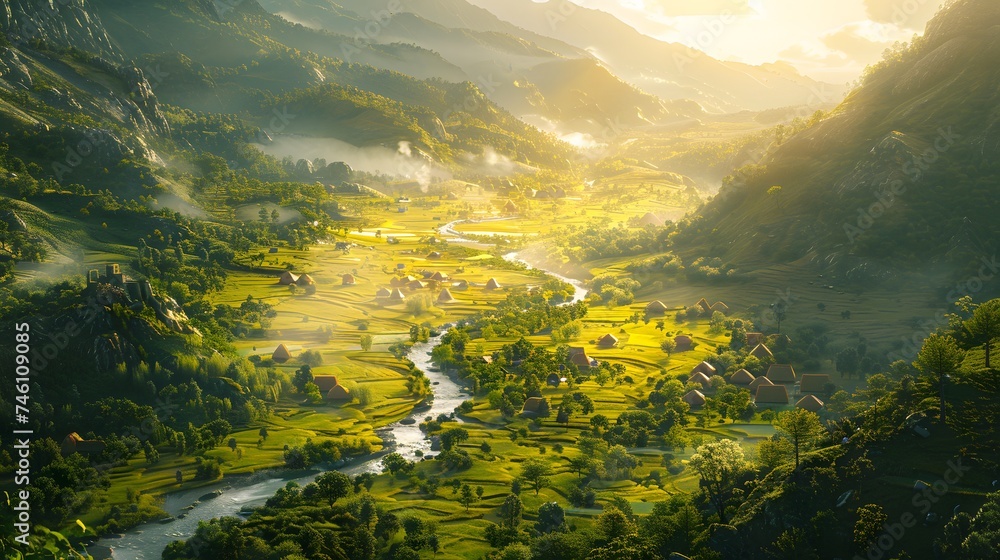 Serene Morning in a Lush Green Valley Serene Morning in a Lush Green Valley