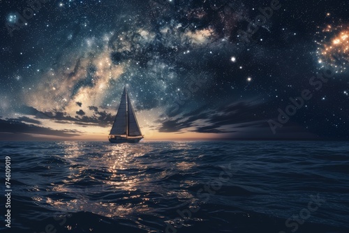 Magical sailing boat in to the nigth landscape photo