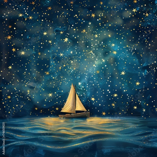 Magical sailing boat in to the nigth landscape