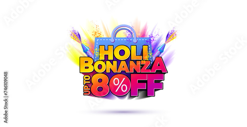 Holi. Bonanza 80% off 3d Text. Holi festival background with sale offer deal discount logo concept. Shopping bag and holi Color background.