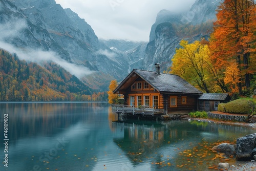A serene wooden cabin by a still lake, embraced by forests in peak autumn colors, symbolizing tranquillity © svastix