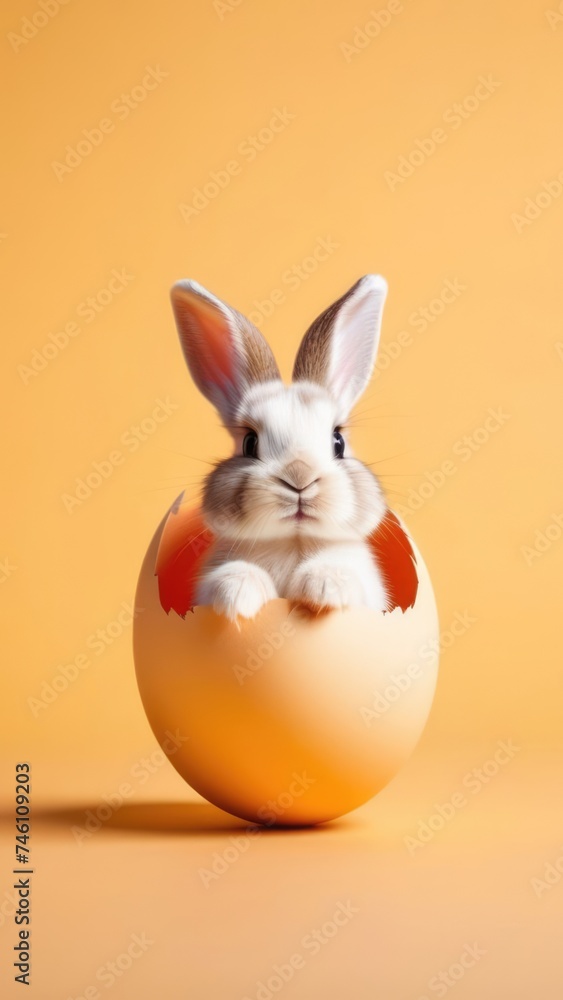 Easter banner with cute Easter bunny hatching from pastel color Easter egg on pastel color background. Illustration of Easter rabbit sitting in cracked eggshell. Happy Easter greeting card.Copy space. Easter banner with cute Easter bunny hatching from pastel color Easter egg on pastel color background. Illustration of Easter rabbit sitting in cracked eggshell. Happy Easter greeting card.Copy space.