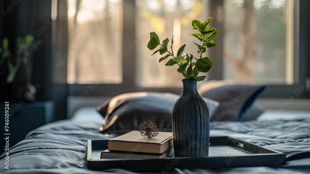 In a luxurious black bedroom, a tray of books is elegantly arranged alongside a vase of lush greenery on the bed. This sophisticated setting combines the comfort of a well-appointed bed  - obrazy, fototapety, plakaty 