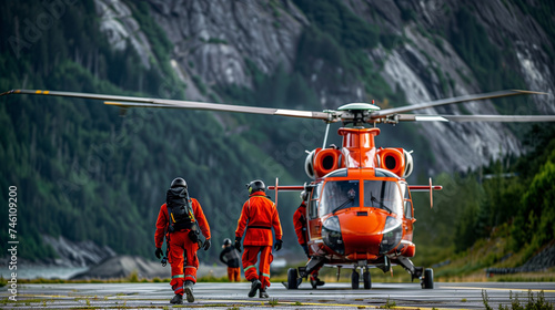 Red rescue helicopter landed in the mountains. Rescuers are going to land. photo