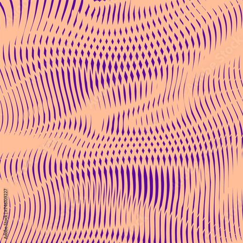 Wavy lined image in peach fuzz and purple colors geometric pattern with moire effect.Psychedelic background for wall art, wall panel, package, banner, poster, interior decor.