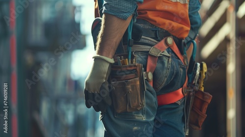 Close-up of Maintenance worker with bag and tools kit wearing on waist photo