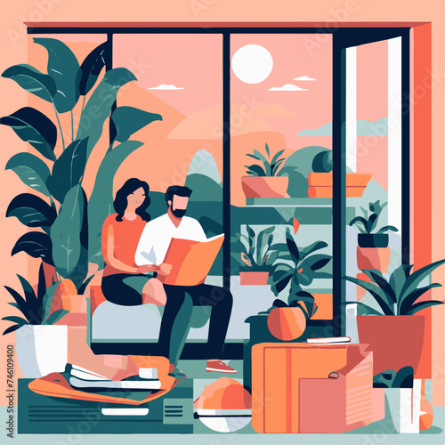 People sitting on the windowsill and reading books. Flat vector illustration.