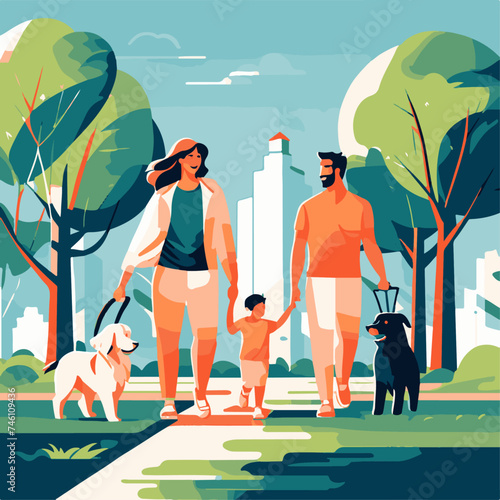 Happy family walking with their dog in the park. Vector illustration in flat style