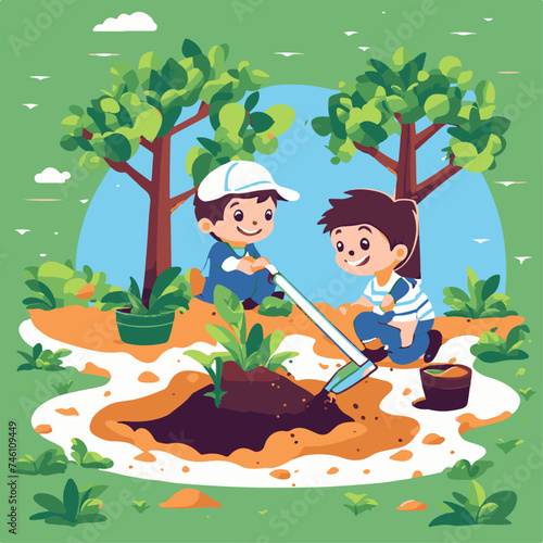 Two little boys planting a tree in the garden. Vector illustration.
Тип носителя