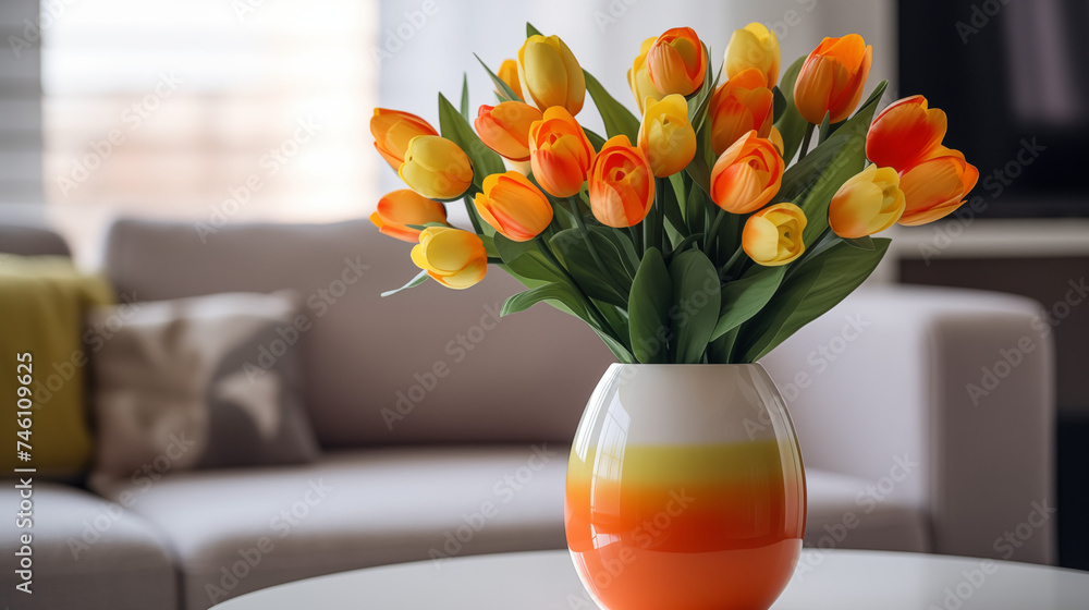 Dekoracja wnętrza - home staging. Dodatki do wystroju pokoju. Kolorowe kwiaty w wazonie na tle sofy i poduszek.