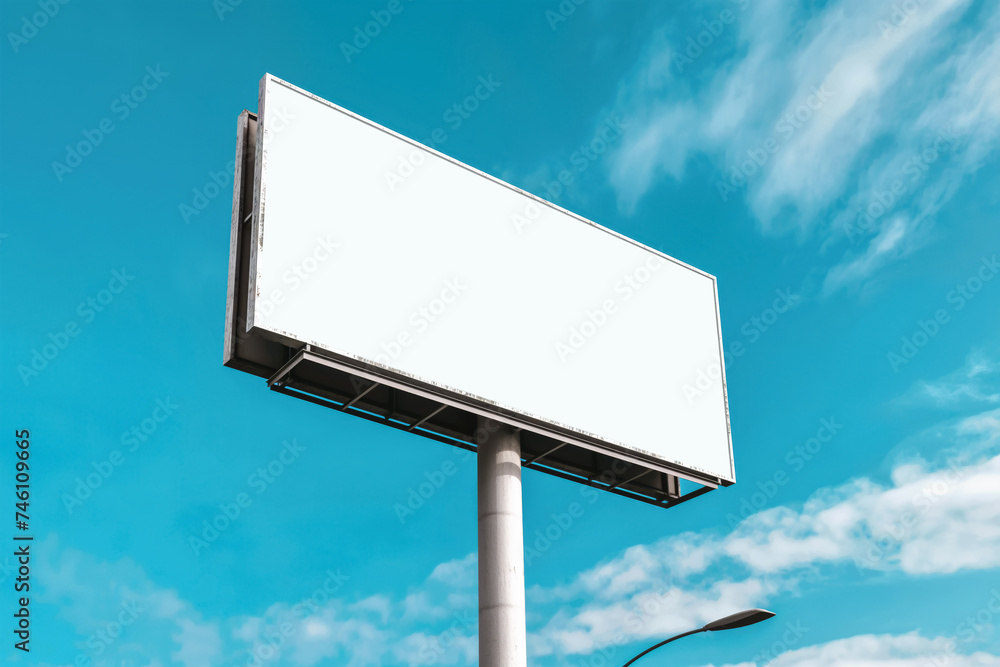 Large empty billboard - blank space is transparent - against clear blue sky. Mockup banner. Generative AI Large empty billboard - blank space is transparent - against clear blue sky. Mockup banner. Generative AI