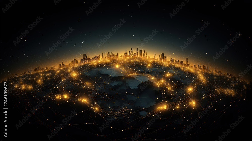Communication lines around the globe, a thematic background with a light effect. Background of global international communication, Earth with lights on a black background