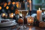 A festive table setting with sparkling wine, candles, and Christmas decor creating a cozy, celebratory atmosphere
