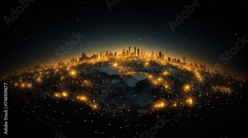 Communication lines around the globe, a thematic background with a light effect. Background of global international communication, Earth with lights on a black background photo