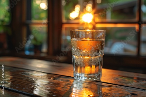 Refreshing glass of sparkling water on a rustic wooden table, illuminated by warm sunlight glow