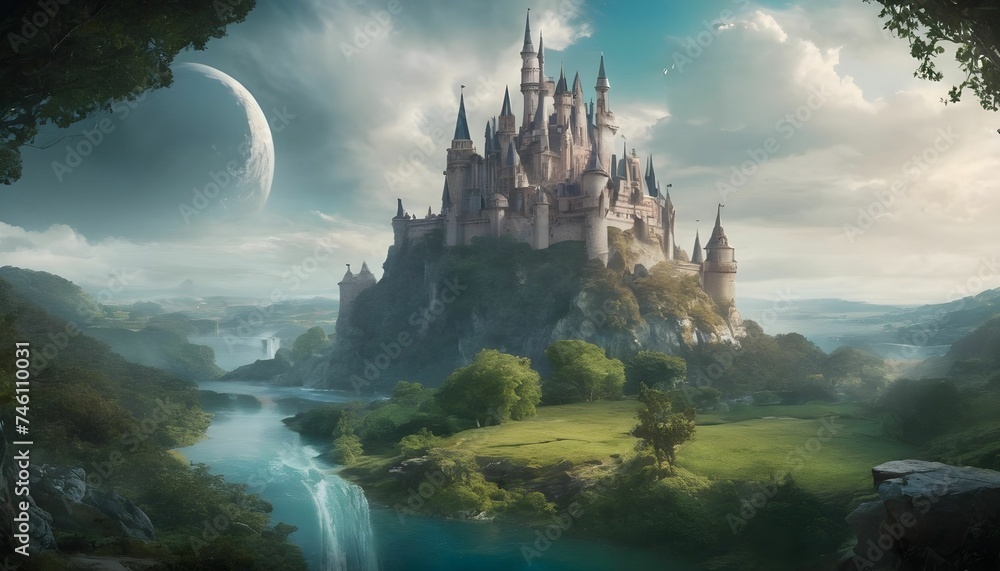 A fantasy world with a castle in the distance created with generative ai