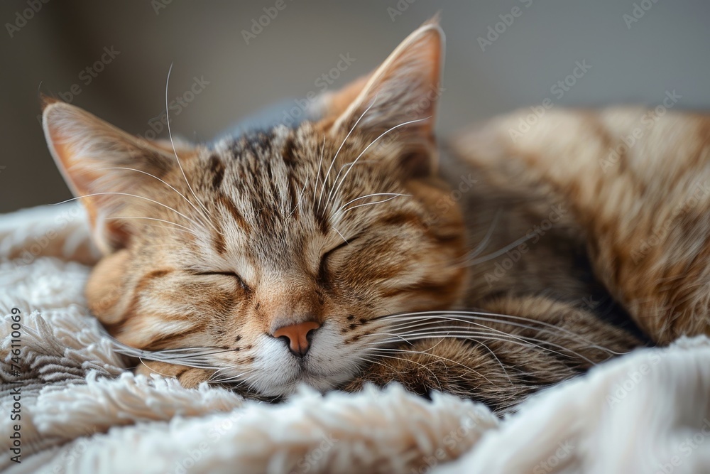 Close-up of a peacefully sleeping tabby cat enveloped in a soft blanket, emphasizing tranquility and comfort
