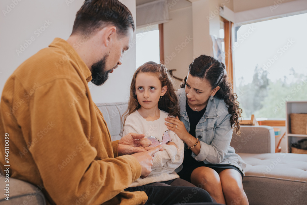 Mother hugging her daughter while her father is talking