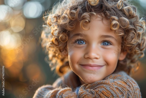 Close-up of a young boy with curly hair and a captivating smile against a warm, blurry background