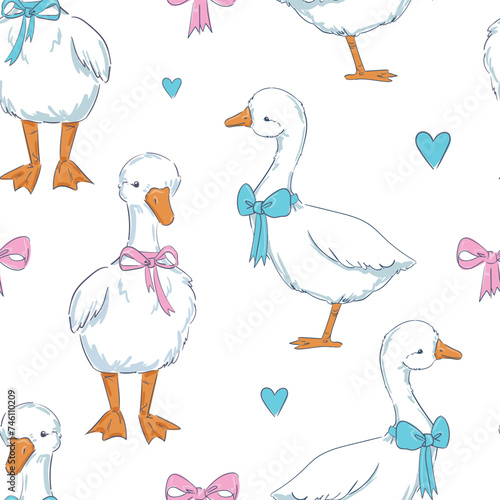 Seamless pattern hand drawn cute goose and heart vector illustration. Print design for textiles
