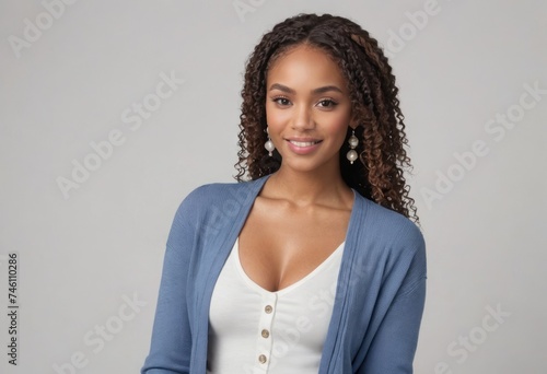 A radiant woman in a blue cardigan and white top smiles, her beauty and casual style on display.