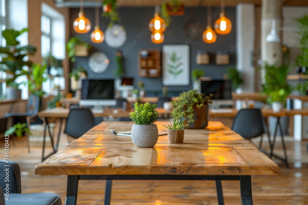 A warmly lit interior scene with a well-crafted wooden table set in a cozy, modern workspace environment A warmly lit interior scene with a well-crafted wooden table set in a cozy, modern workspace environment