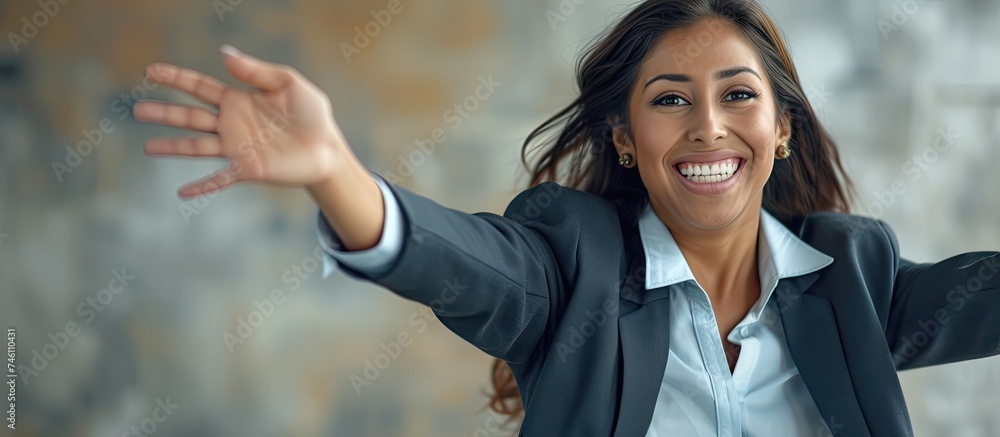 A cheerful young Hispanic woman in business attire joyfully extends her arms as if offering a hug, exuding happiness and confidence. She stands tall with her arms stretched out on either side A cheerful young Hispanic woman in business attire joyfully extends her arms as if offering a hug, exuding happiness and confidence. She stands tall with her arms stretched out on either side