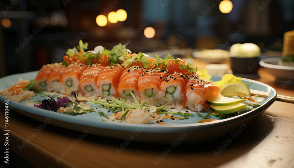 a portion of sushi in an expensive restaurant. a portion of sushi in an expensive restaurant.