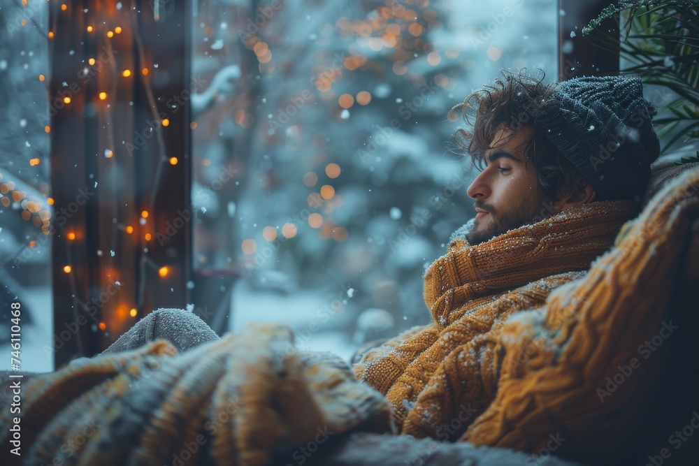 A cozy winter scene with an individual wrapped in a yellow sweater, enjoying the snowfall outside the window
