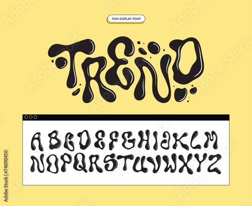 Melted typeface. Psychedelic alphabet. Liquid letters in Y2K style. Creative trendy typography for social media, web design, poster, greeting card. Bubble abc in 90s and 00s style. Groovy typography.